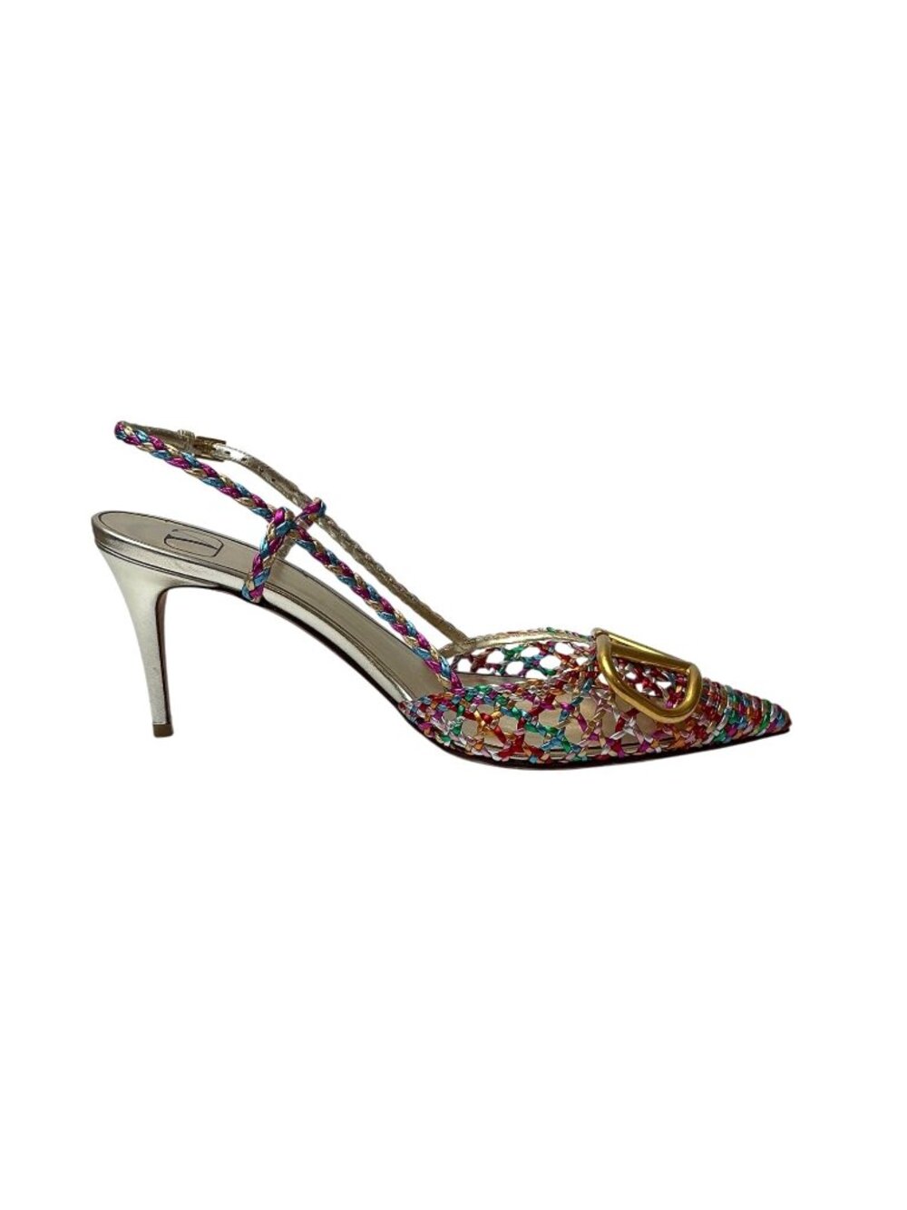 VALENTINO Garavani Multicolor Woven Leather Vlogo Pointed Toe Slingback Sandals - Picture 4 of 12